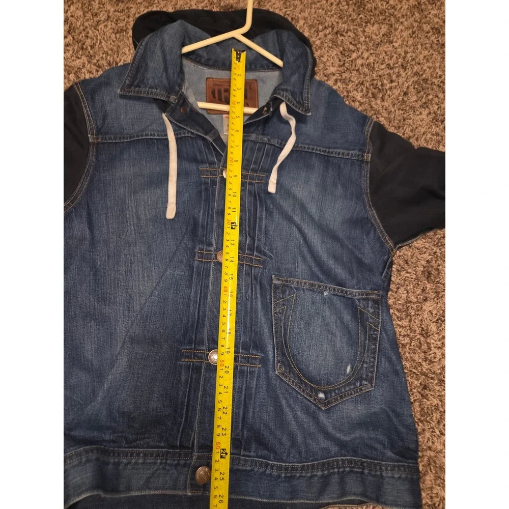 True Religion Mens XXL Denim Hooded Trucker Jacket Blue Black Mixed Media Cinch